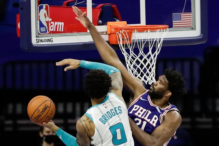 Sixers center Joel Embiid looks to deny Charlotte Hornets forward Miles Bridges at the rim.
