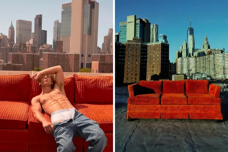 The couch from Jeremy Allen White's steamy Calvin Klein ad was listed on Facebook Marketplace for free Thursday night. Photos courtesy of Calvin Klein and Kate Krupa.