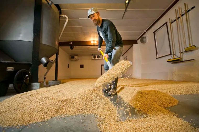 Josh Fryauff of Deer Creek Malthouse turns the grain, one of three core steps in the malting process.
