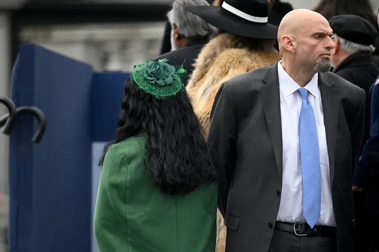 Sen. John Fetterman (D., Pa.) and his wife Gisele backstage while attending the inauguration ceremony for Gov. Josh Shapiro at the state Capitol in Harrisburg on Jan. 17.