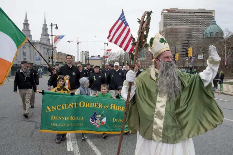 During Philadelphia’s 2016 St. Patrick’s Day Parade, John Cooke, dressed at St. Patrick, marched around Logan Circle and up the Ben Franklin Parkway during the festivities.