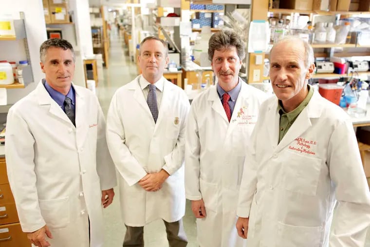 The University of Pennsylvania's research team, led by gene therapy pioneer Carl June (right), was the first to report a breakthrough in chimeric antigen receptor, or CAR, therapy in humans. Also on the team are (from left) David Porter, Michael Kalos, and Bruce Levine.