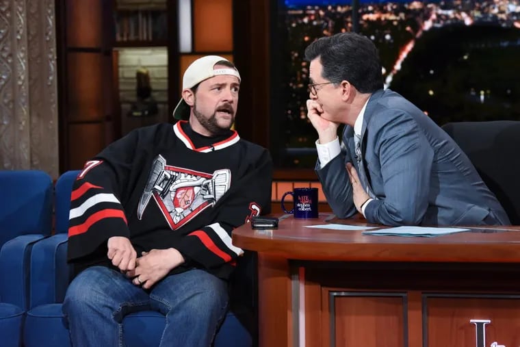 The Late Show with Stephen Colbert and guest Kevin Smith during Tuesday’s show.