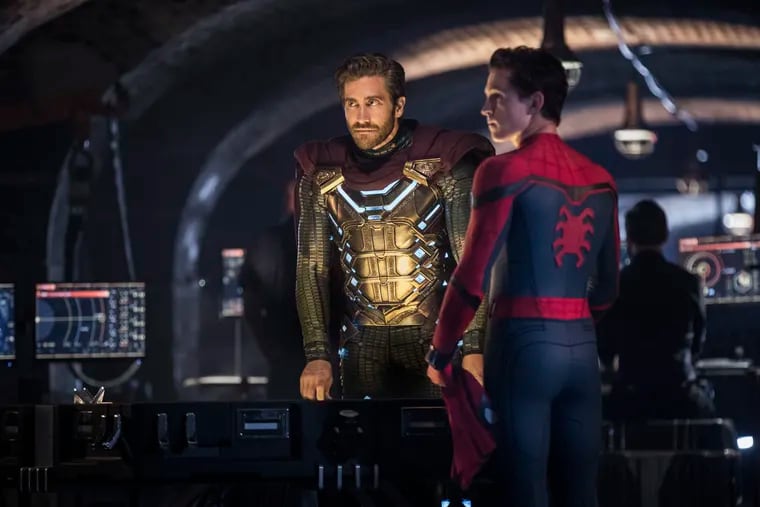 Jake Gyllenhaal (left) and Tom Holland in a scene from "Spider-Man: Far From Home."