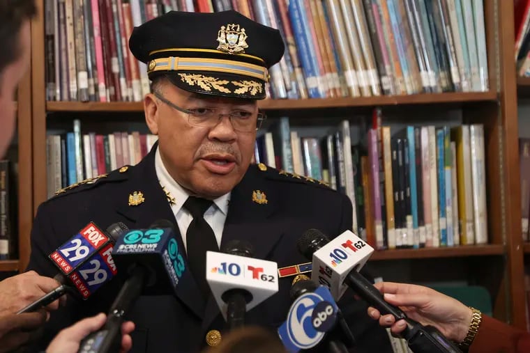 Philadelphia police commissioner Kevin Bethel speaks with reporters following an event for Mayor Cherelle L. Parker to mark her 100th day in office at Conwell Middle School in the Kensington section of Philadelphia on Thursday, April 11, 2024.