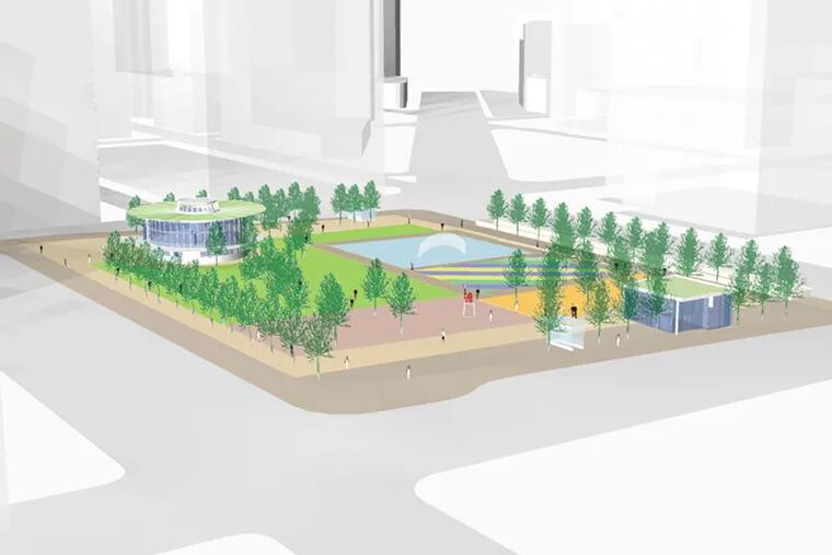 SQUARE 1: L-shaped lawn, large square fountain. One of four design proposals now being considered for Love Park. The views look west down the Parkway. SOURCE: Hargreaves Associates.