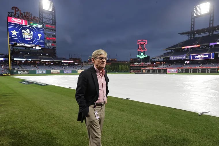 Phillies owner John Middleton surveys the field before Game 3 of the World Series at Citizens Bank Park.