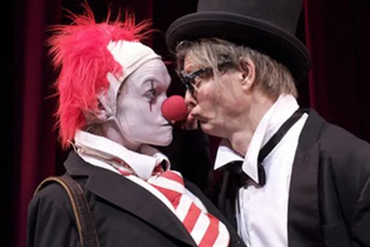 Jennifer Childs and Bill Irwin clown around in Irwin&#0039;s &quot;The Happiness Lecture,&quot; at the Suzanne Roberts Theatre. Page 22.