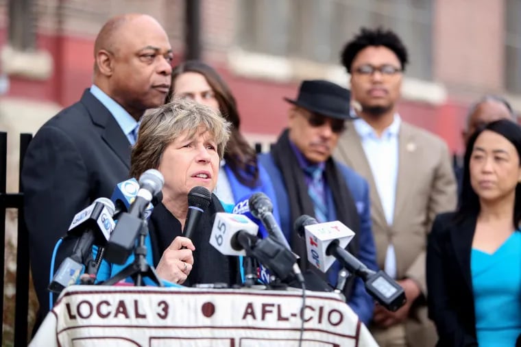 Randi Weingarten, president of the American Federation of Teachers, speaks outside Francis Scott Key Public School at 8th and Wolf Streets in South Philadelphia to propose immediate funding to Philadelphia Public Schools.