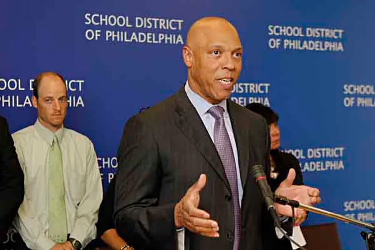 File photo: Philadelphia School board Superintendent , William Hite Jr. is answering questions from reporters after announcing layoff at the School board building.
June 7, 2013. (AKIRA SUWA  /  Staff Photographer)