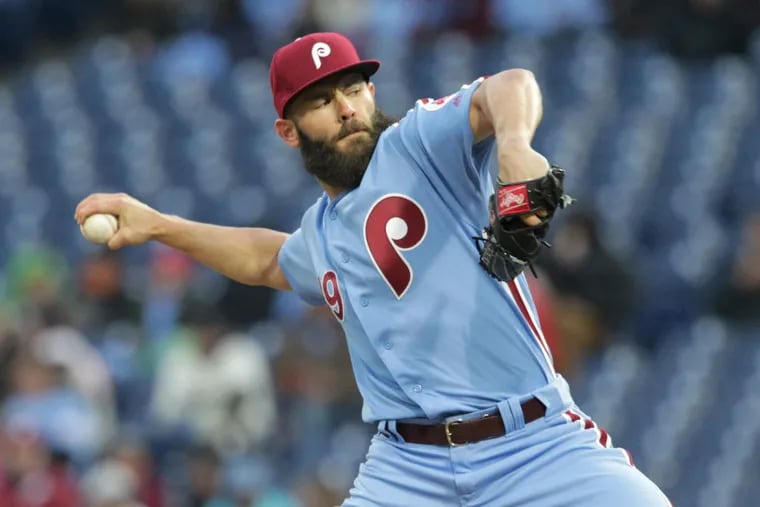 Phillies pitcher Jake Arrieta of the Phillies pitches against the Pirates.