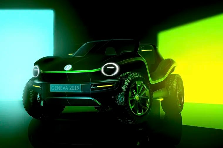 This undated picture provided by the Volkswagen car manufacturer shows a Volkswagen ID Buggy electric car. The new Buggy will be presented at the Geneva International Motor Show, which takes place in Geneva, Switzerland, from March 7 until March 17, 2019. Automakers are rolling out new electric and hybrid models at the show as they get ready to meet tougher emissions requirements in Europe - while not forgetting the profitable and popular SUVs and SUV-like crossovers. (Volkswagen via AP)