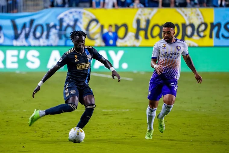 Olivier Mbaizo (left) playing for the Union against Orlando City at Subaru Park earlier this month.