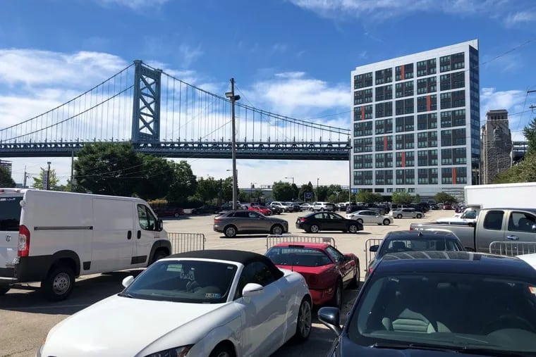 View of Benjamin Franklin Bridge, with part of the Vine Street Lot in the foreground.