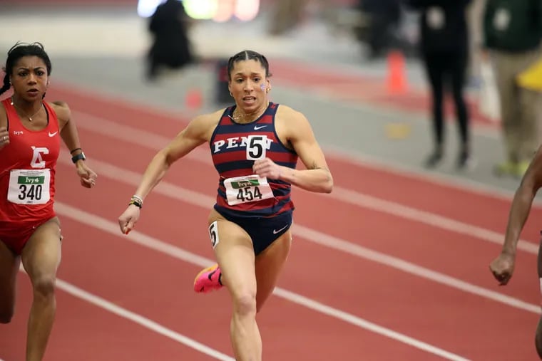 Penn senior Isabella Whittaker competes at the 2024 Ivy League Indoor Track and Field Championships. She's set multiple program and Ivy League records this season and has Olympic hopes.
