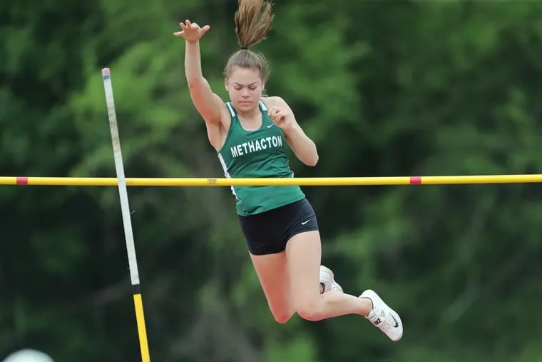 Methacton's Camaryn Rodriguez clears 11 feet in the District 1 track and field championship at Coatesville on Friday.