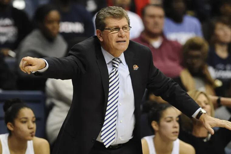 Connecticut Geno Auriemma gestures to his team during the first half of a women's college basketball game against St. Francis NY in the first round of the NCAA tournament, Saturday, March 21, 2015, in Storrs, Conn. (AP Photo/Jessica Hill)