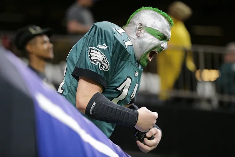 A Philadelphia Eagles fan gets fired up before the Eagles play the New Orleans Saints in the NFL Divisional Round playoff game on Sunday, Jan. 13, 2019 at the Mercedes-Benz Superdome in New Orleans, La. The Eagles lost 20-14, ending their season.