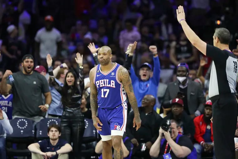 The crowd cheers after a Philadelphia 76ers forward P.J. Tucker three-pointer in the fourth quarter of a game against the Boston Celtics at the Wells Fargo Center in Philadelphia on Tuesday, April 4, 2023.