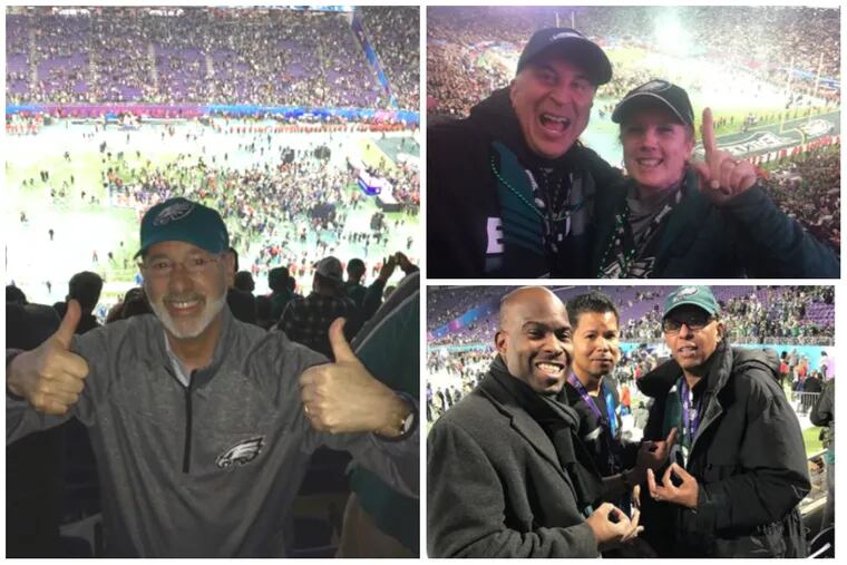 Clockwise: Gov. Tom Wolf, Councilman Mark Squilla and his wife, and Councilman Derek Green and others post photos of themselves to Instagram at the Super Bowl.