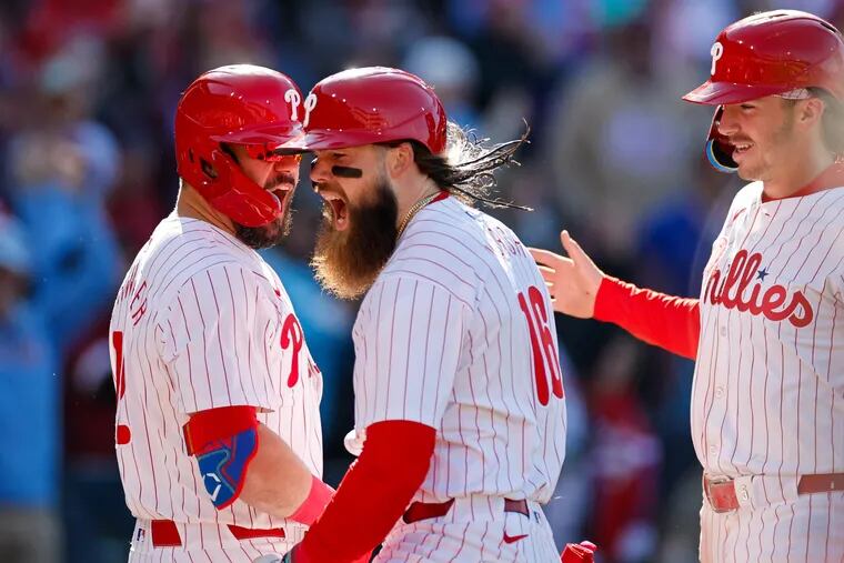 Phillies’ Brandon Marsh celebrates a two-run home run in the fifth inning on opening day Friday, Mar. 29, 2024, at Citizens Bank Park.
