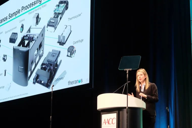 Elizabeth Holmes ,the founder and CEO of blood-testing startup Theranos speaks at the AACC conference at the Pennsylvania Convention Center on Aug. 1, 2016.
ED HILLE / staff photographer