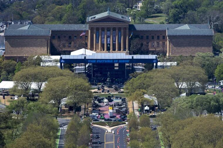 The front of the Philadelphia Museum of Art, and the steps made famous by Rocky, are completely covered by construction of an amphitheater being built for the upcoming NFL draft 2017 extravaganza, set for April 27-29.