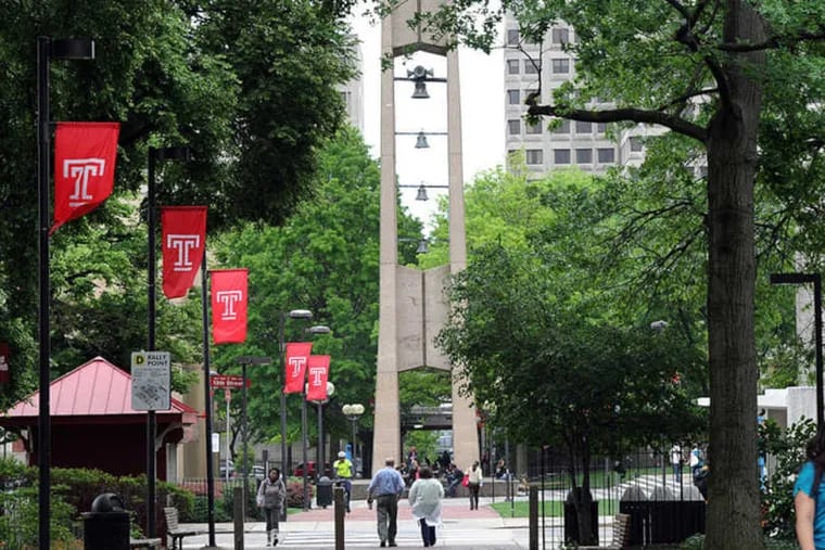 A Campus view of Temple University with the well-known bell tower in the background.