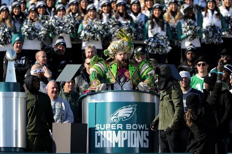 Happier times: Eagles center Jason Kelce's memorable speech during the team's Super Bowl celebration in Feburary, 2018. Eagles announced Tuesday they are postponing season ticket payments until the coronavirus pandemic has subsided.