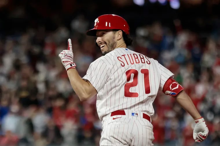 Phils Garrett Stubbs signals to the dugout after hitting a three run homer in the fourth inning of the Pittsburgh Pirates at Philadelphia Phillies MLB game at Citizens Bank Park in Philadelphia on Wednesday, Sept. 27, 2023.