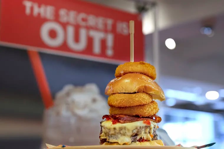 A SchwarBurger is previewed at the New Era Phillies Team Store at Citizens Bank Park on Monday.