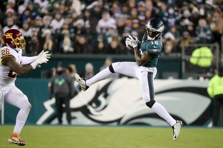 Eagles wide receiver Jalen Reagor makes a first-down catch in the second quarter Tuesday.