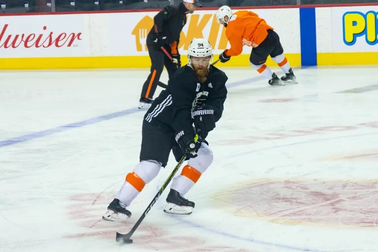 Flyers defenseman Ryan Ellis shoots the puck during the team's morning skate before their game against the Calgary Flames in the Scotiabank Saddledome on Saturday, Oct. 30, 2021.