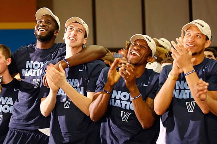 Villanova players react after being selected as the top seeds in the NCAA East Regional on Sunday. The Wildcats open play in the NCAA tournament against No. 16 seed Lafayette at 6:50 p.m. Thursday in Pittsburgh. The Leopards are coached by former Villanova guard Fran O'Hanlon. The Wildcats have a school-record 32 wins this season. (Yong Kim/Staff Photographer)