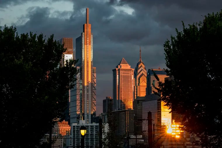 The Center City skyline photographed at sunset on Monday.