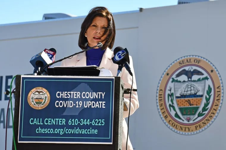 Chester County Board of Commissioners Chair Marian Moskowitz, seen at a COVID-19 vaccine press conference last month, said Tuesday that the county's new ethics policy was not designed to crack down on leaks, but was adopted to "ensure that we operate under the highest ethical standards."