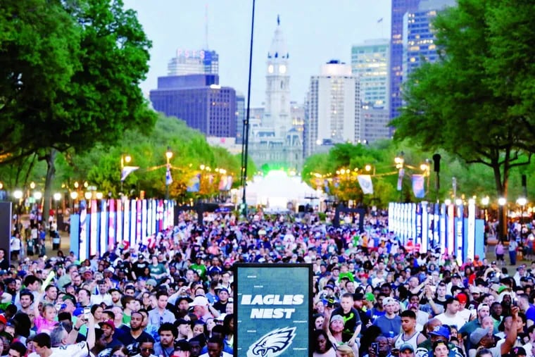 The crowd during the second round of the 2017 NFL draft at  the Art Museum.