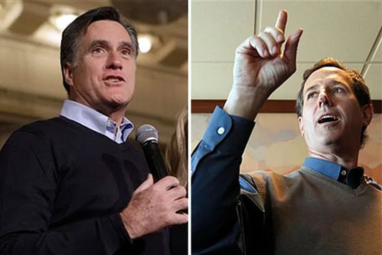 Republican nominee hopefuls Mitt Romney and Rick Santorum were locked in a heated contest Tuesday in the Iowa caucuses, the first test of the presidential election season. (AP Photos)