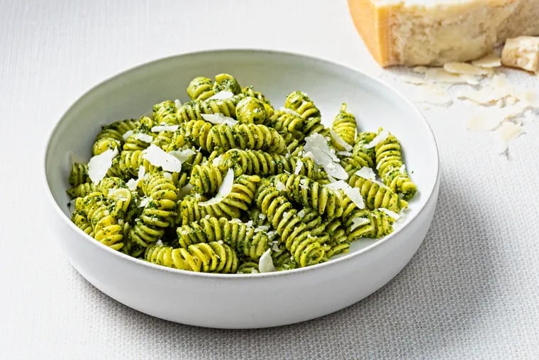 Spinach Pesto Pasta. MUST CREDIT: Scott Suchman for The Washington Post; food styling by Lisa Cherkasky for The Washington Post