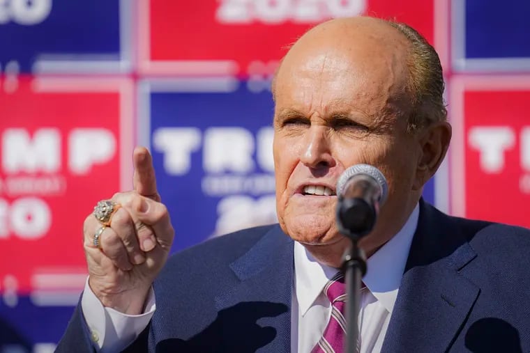 Former New York mayor Rudy Giuliani speaks during a Nov. 7 news conference at Four Seasons Total Landscaping in Northeast Philadelphia.