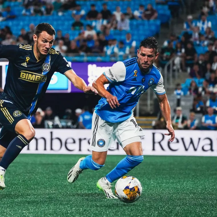 Dániel Gazdag (left) on the ball in front of Brandt Bronico during the Union's 2-2 tie at Charlotte FC last year.