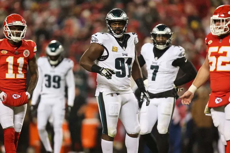 Philadelphia Eagles defensive tackle Fletcher Cox communicates with teammates during Monday's game against the Kansas City Chiefs.