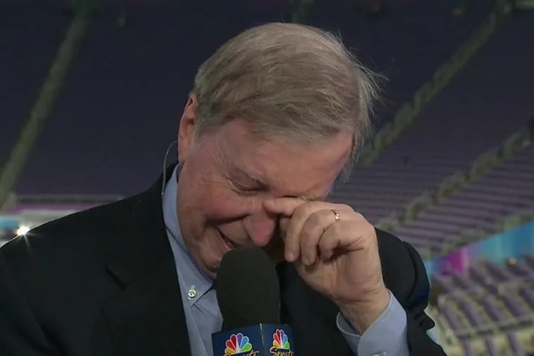 Lifelong Eagles fan and Hall of Fame writer and analyst Ray Didinger gets emotional after the Eagles 41-33 win over the Patriots in Super Bowl LII.