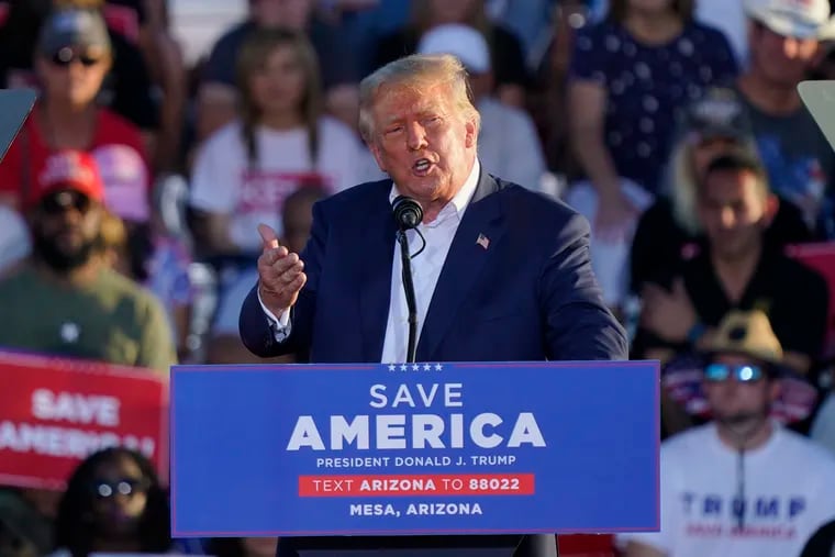 Former President Donald Trump speaking at a rally Oct. 9 in Mesa, Ariz.