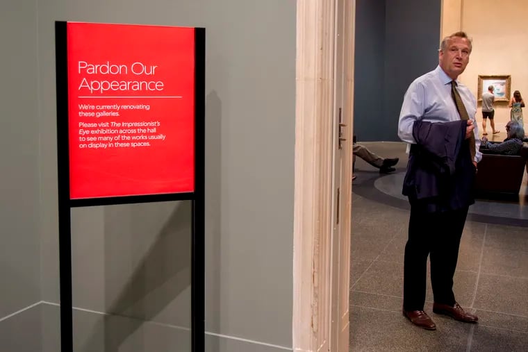 Philadelphia Museum of Art director and CEO Timothy Rub in 2019 near a gallery with a renovation sign as the museum was amidst the transformational updates that opened to the public this May.