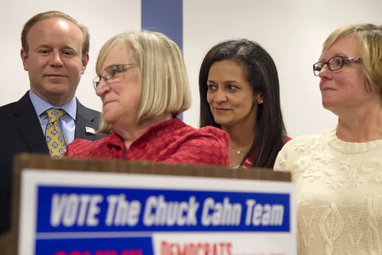 The Democratic primary party regulars in Cherry Hill - from left, council president David Fleisher, Carolyn Jacobs, Sangeeta Doshi, and Carol Roskoph - celebrate their win on Tuesday.