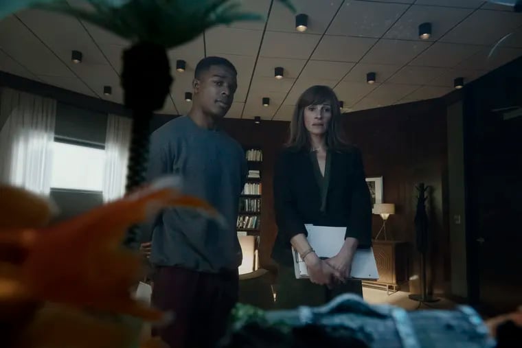 Stephan James and Julia Roberts in a scene from Amazon's new thriller "Homecoming," which premieres on the streaming service on Friday, Nov. 2