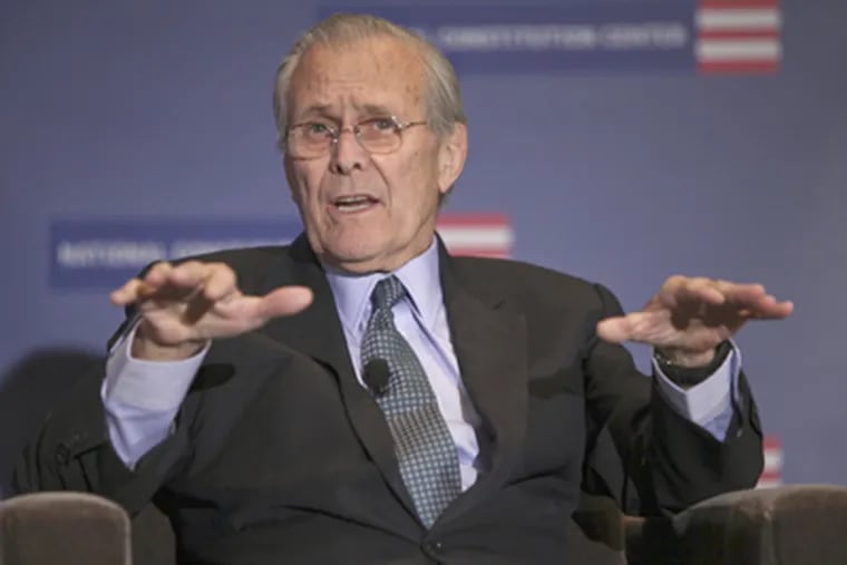 Former U.S. Secretary of Defense Donald Rumsfeld speaks during an
event to kick off his "Known and Unknown" book tour Wednesday at the National Constitution Center in Philadelphia. (Joseph Kaczmarek / AP Photo)