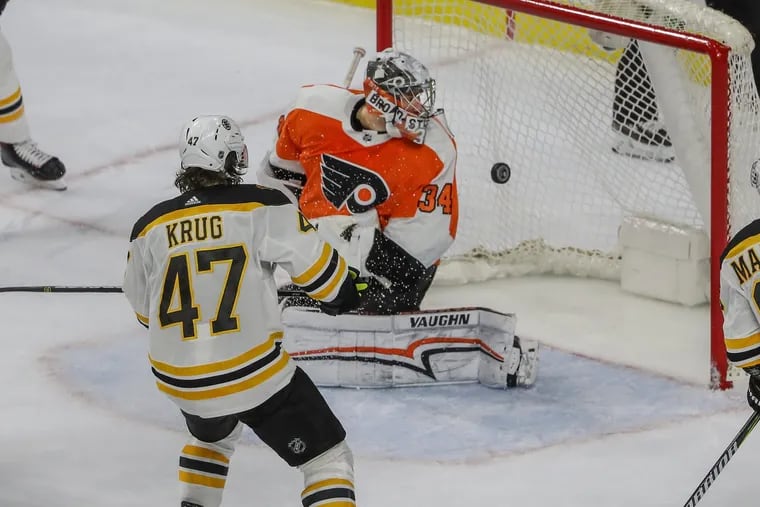 Flyers goalie Petr Mrazek is beaten by Boston's Patrice Bergeron in a game last season.