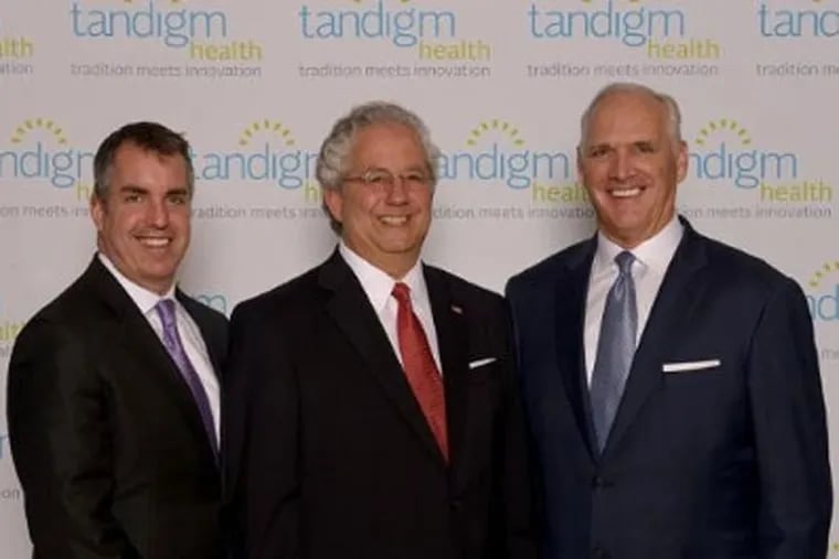Independence Blue Cross and DaVita HealthCare Partners create Tandigm Health, a unique joint venture that will help deliver high quality, affordable care in Philadelphia. Shown left to right: Dr. Craig E. Samitt, CEO of HealthCare Partners; Dr. Anthony Coletta, president and CEO of Tandigm Health; and Daniel J. Hilferty, president and CEO, Independence Blue Cross. (PRNewsFoto/Independence Blue Cross)